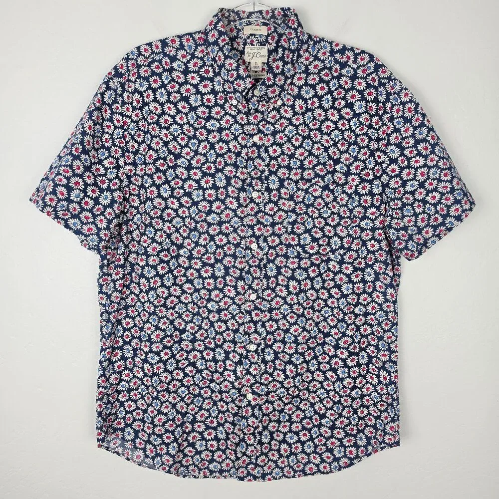 J. Crew Button Down Shirt Poplin Short Sleeve Organic Cotton Floral Navy Size L